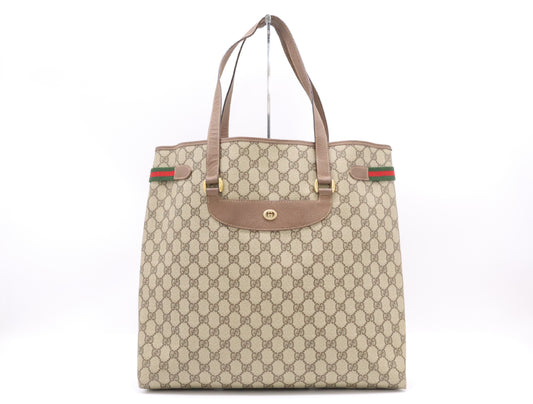 GUCCI GG Supreme 002, 615, 6660 GG Supreme x Leather Tote Bag Khaki Brown Tote Bag