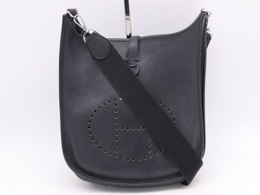 HERMES Evelyn Taurillon Clemence □J Stamp Evelyn 1PM Black Shoulder Bag with Shoulder Strap