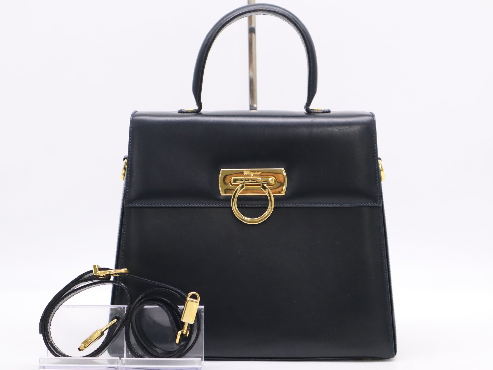 Salvatore Ferragamo Gancini Calfskin Handbag in Black with Shoulder Strap