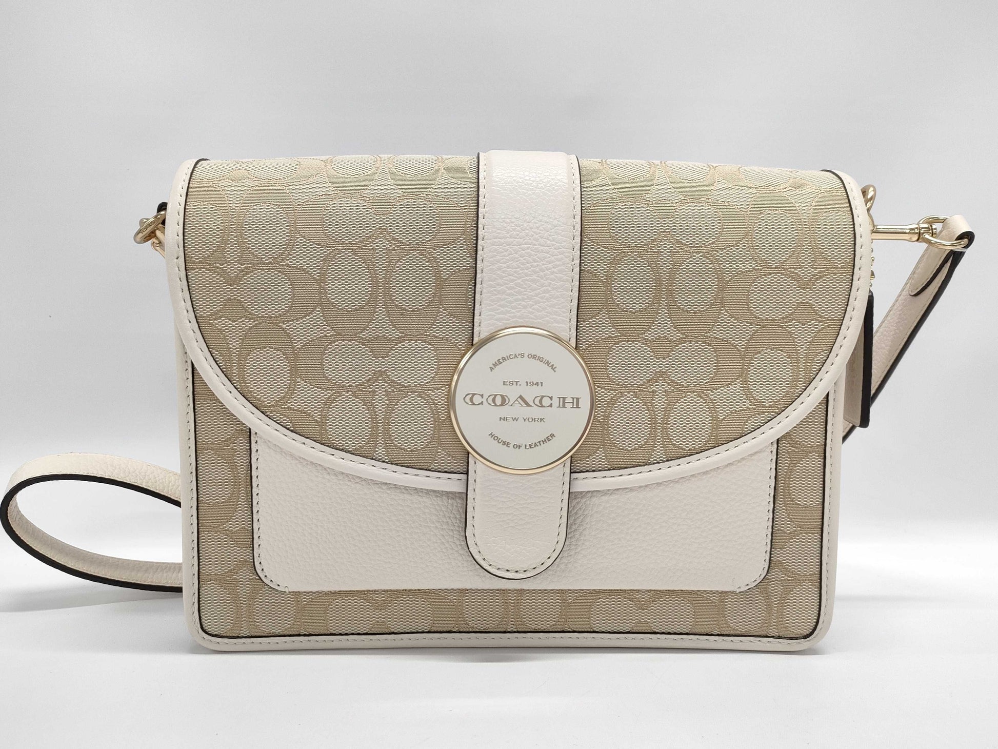 COACH C8307 Signature Canvas Leather Beige Ivory Shoulder Bag