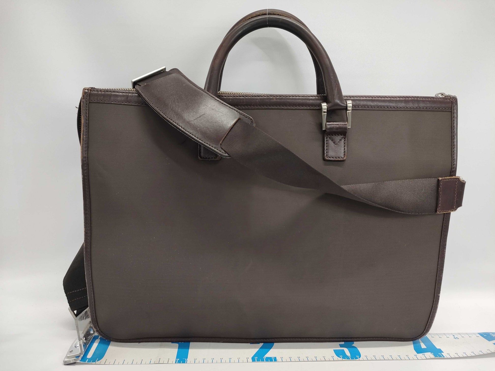 BURBERRY Nylon and Leather Briefcase, 2-Way, Brown, with Strap, Business Bag