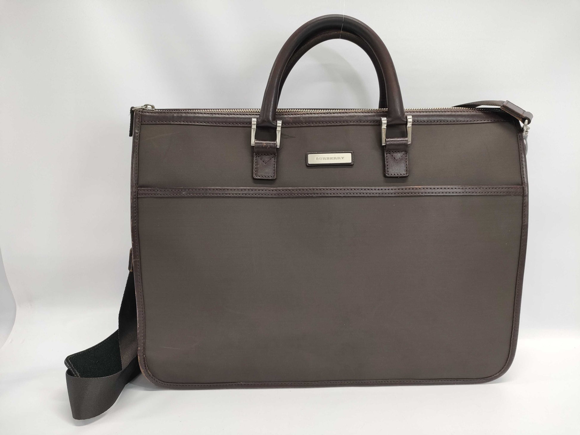 BURBERRY Nylon and Leather Briefcase, 2-Way, Brown, with Strap, Business Bag