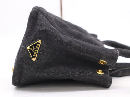 PRADA Denim Canapa Tote Mini Logo Plate Black Tote Bag