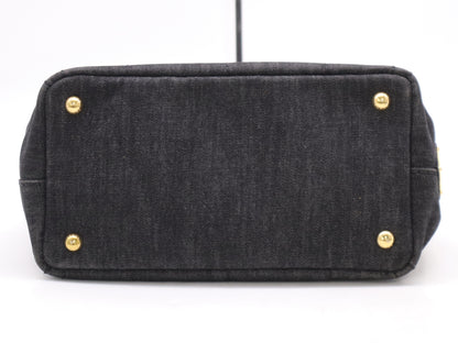 PRADA Denim Canapa Tote Mini Logo Plate Black Tote Bag
