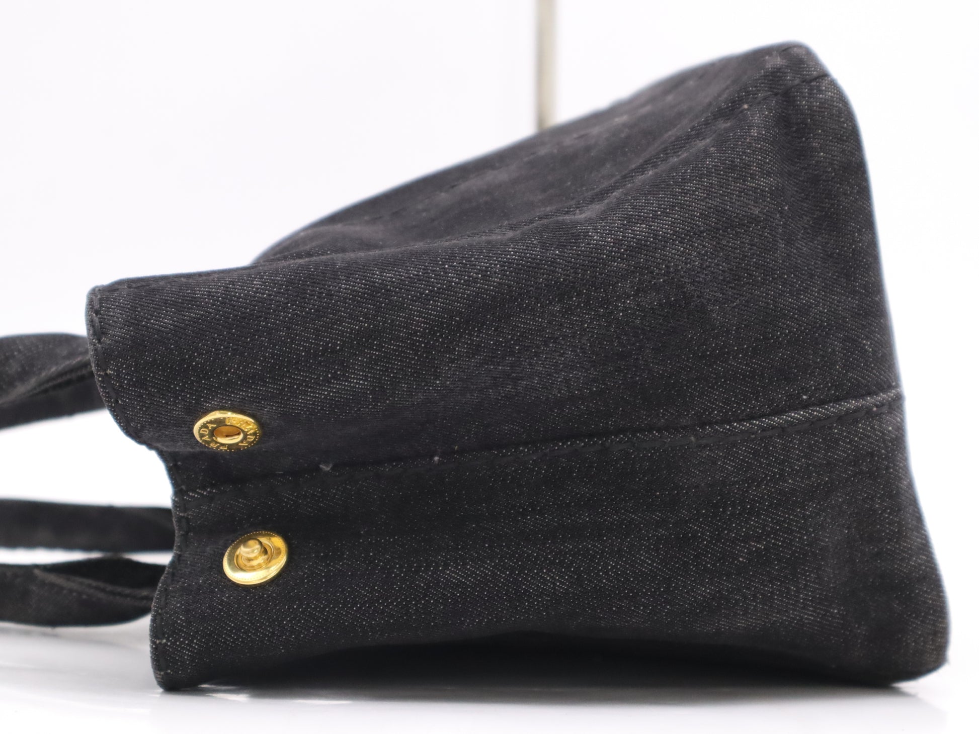 PRADA Denim Canapa Tote Mini Logo Plate Black Tote Bag