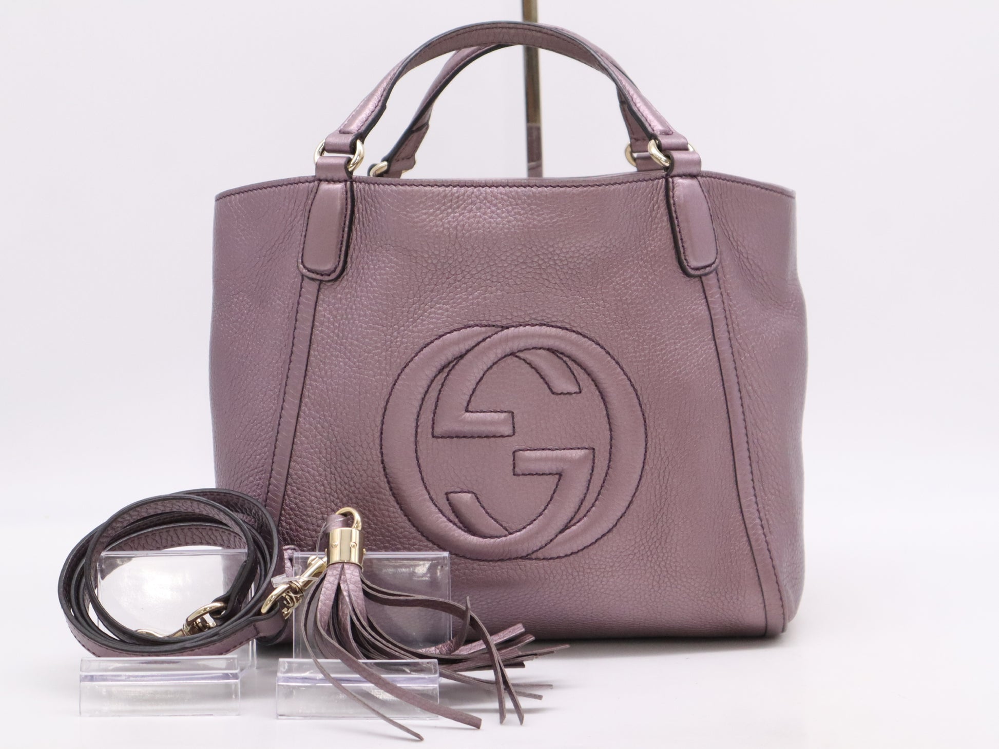 GUCCI 336751 Leather Interlocking 2-Way Handbag, Purple, with Shoulder Strap