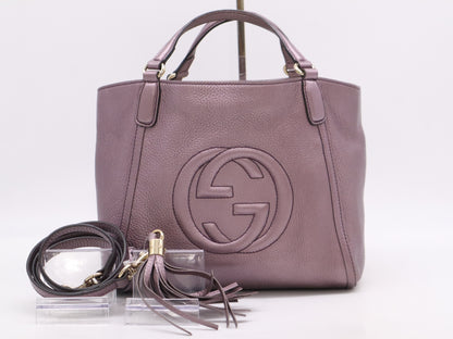 GUCCI 336751 Leather Interlocking 2-Way Handbag, Purple, with Shoulder Strap