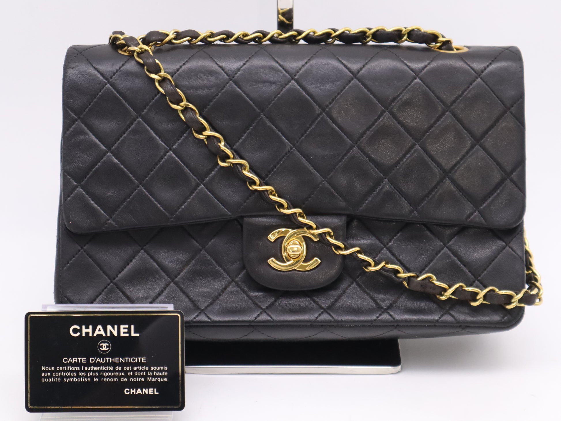 CHANEL Lambskin Matelasse Chain Shoulder Bag with Double Flap, GD Hardware, Black, Card Included, 3357145