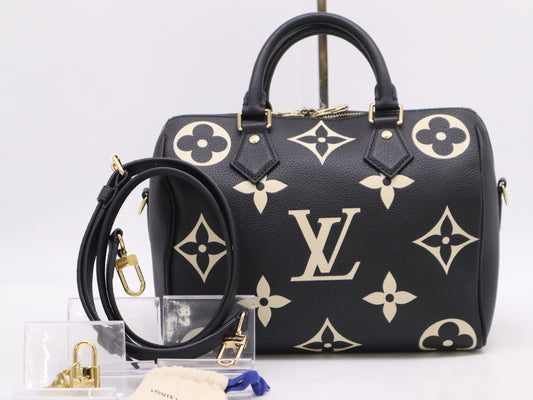 LOUIS VUITTON Monogram Empreinte M58947 Empreinte Speedy 25 Bandouliere, Two-Tone, RFID Verified, Includes Padlock, Two Keys, Shoulder Strap, and Dust Bag