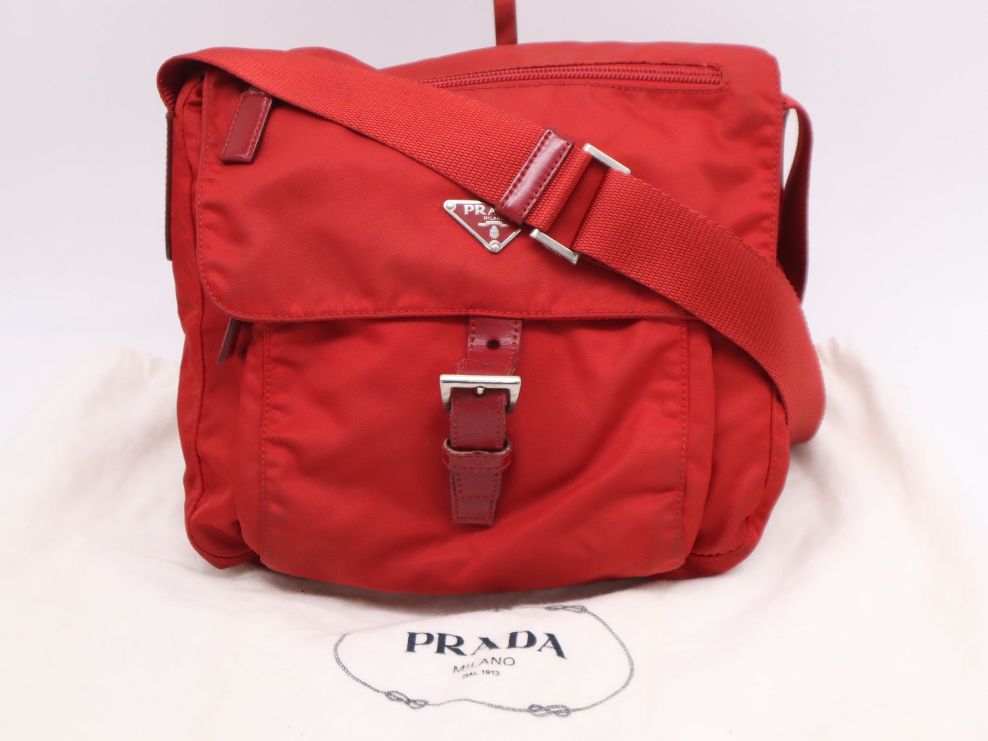PRADA Nylon Shoulder Bag with Triangular Plate, Red, Includes Dust Bag