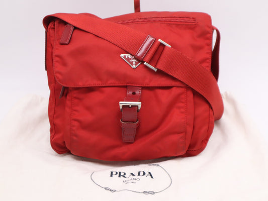 PRADA Nylon Shoulder Bag with Triangular Plate, Red, Includes Dust Bag
