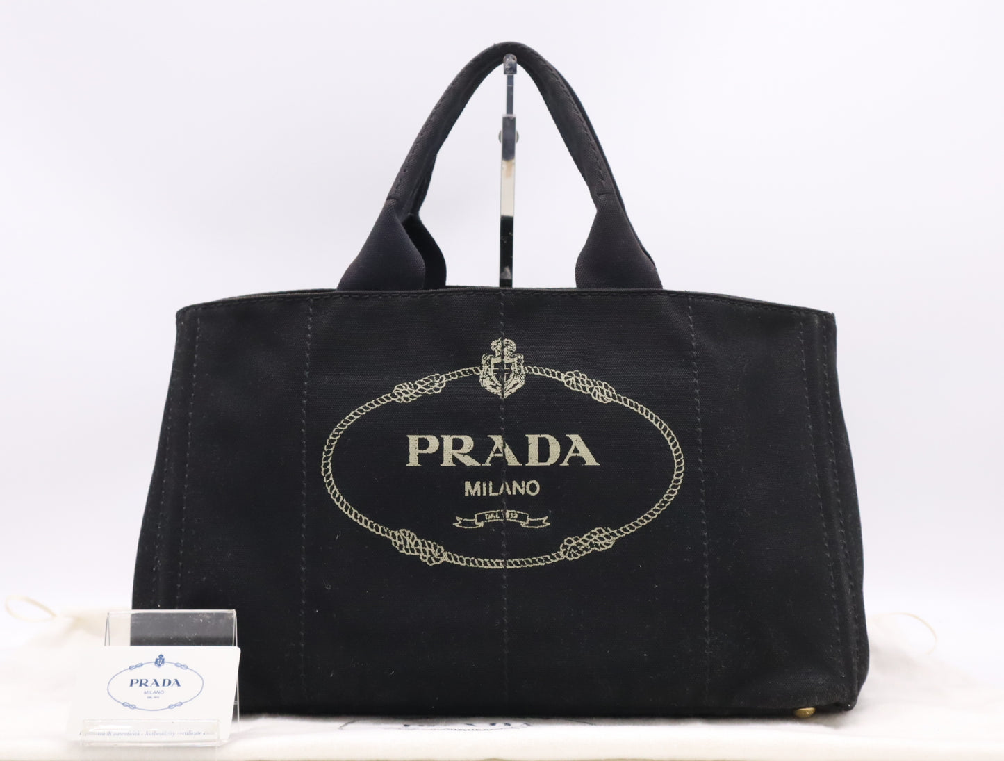 PRADA BN1872 Canvas Canapa Large Tote Bag with Triangle Logo, Black, Includes Dust Bag and Card
