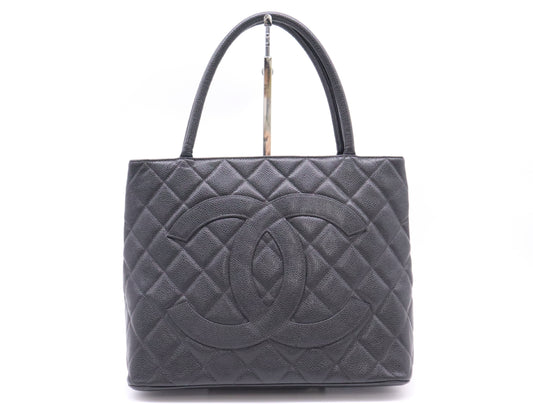 CHANEL Caviar Skin Reproduction Tote Bag with Silver Hardware and Black Seal, 7979352