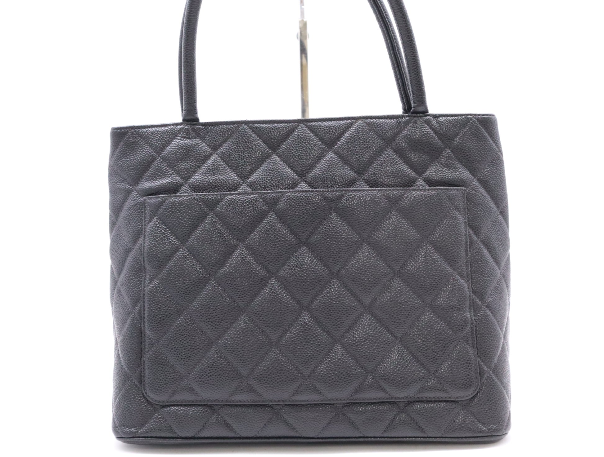 CHANEL Caviar Skin Reproduction Tote Bag with Silver Hardware and Black Seal, 7979352