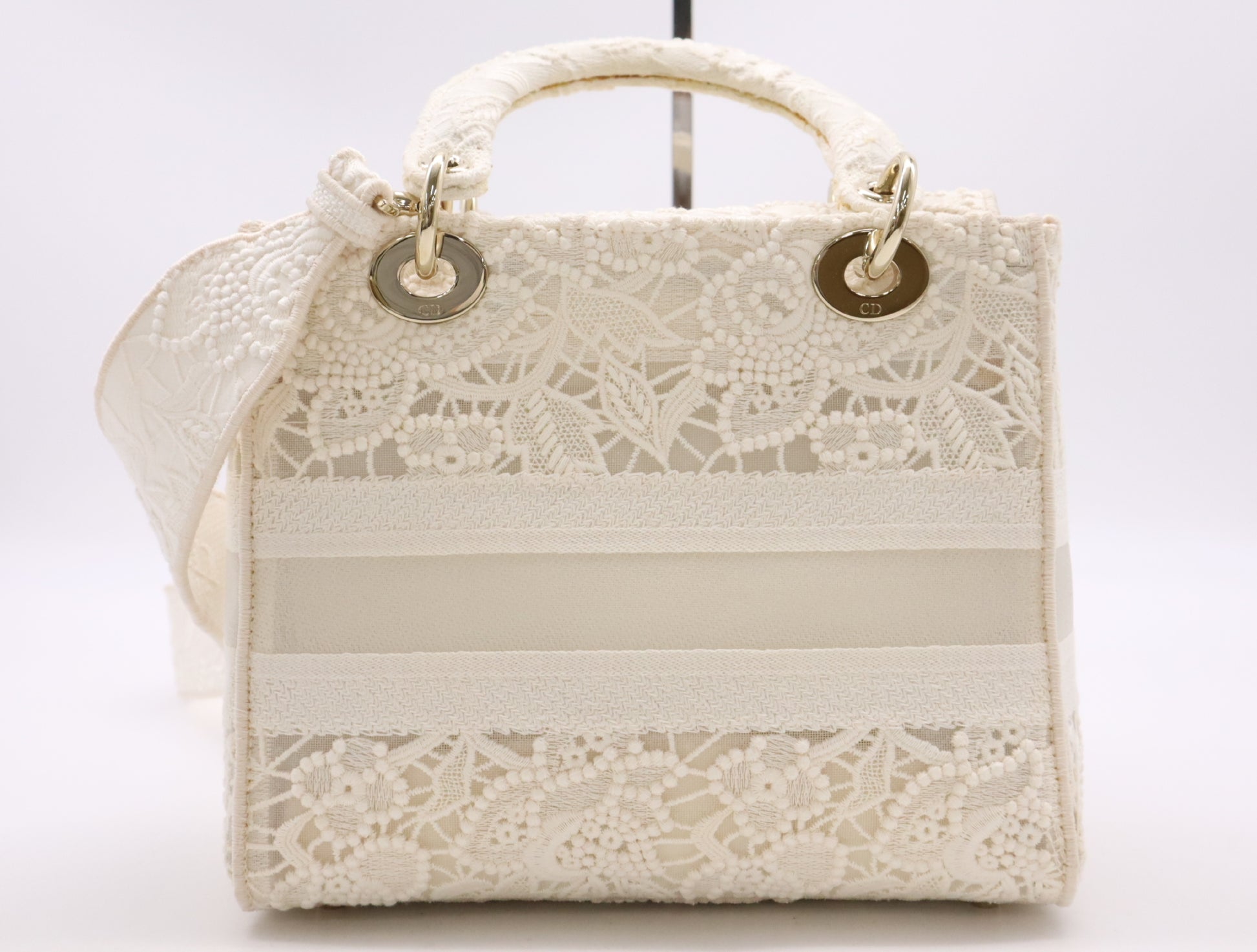 Dior M0565ORZF Canvas Lady D-Lite Medium Cannage Lace 2-Way Handbag with White Gold Hardware, Shoulder Strap, Box, and Card Included
