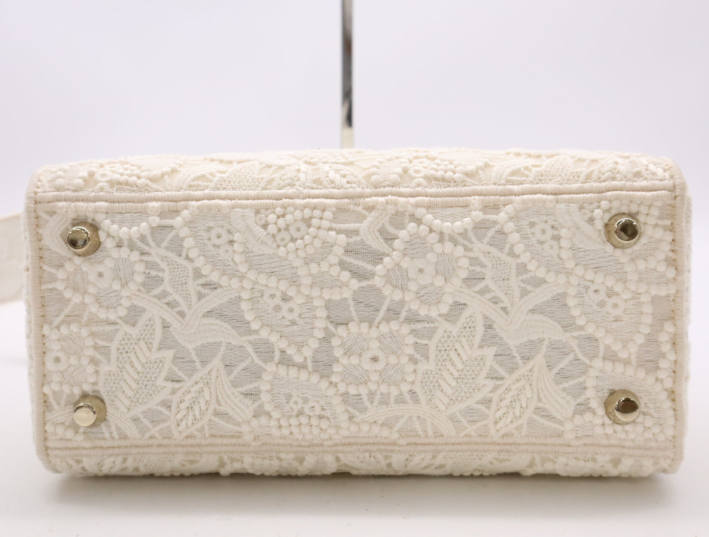 Dior M0565ORZF Canvas Lady D-Lite Medium Cannage Lace 2-Way Handbag with White Gold Hardware, Shoulder Strap, Box, and Card Included