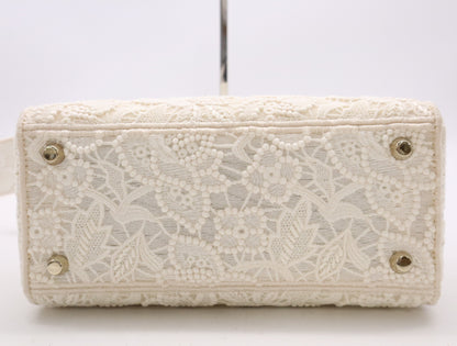 Dior M0565ORZF Canvas Lady D-Lite Medium Cannage Lace 2-Way Handbag with White Gold Hardware, Shoulder Strap, Box, and Card Included