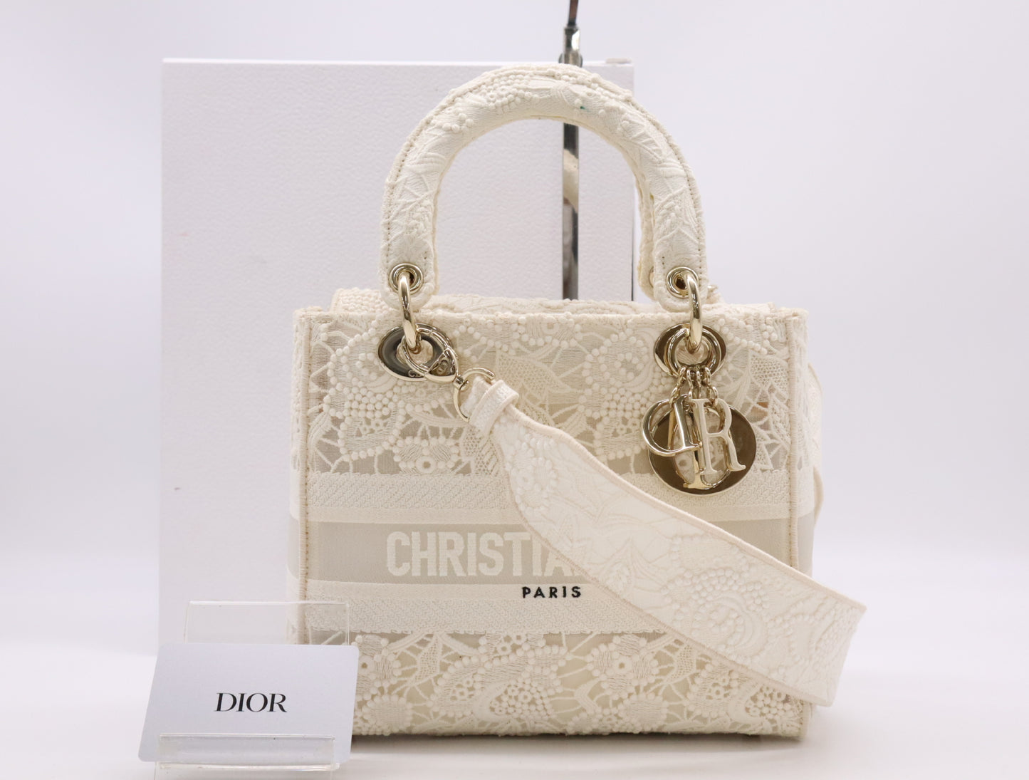 Dior M0565ORZF Canvas Lady D-Lite Medium Cannage Lace 2-Way Handbag with White Gold Hardware, Shoulder Strap, Box, and Card Included