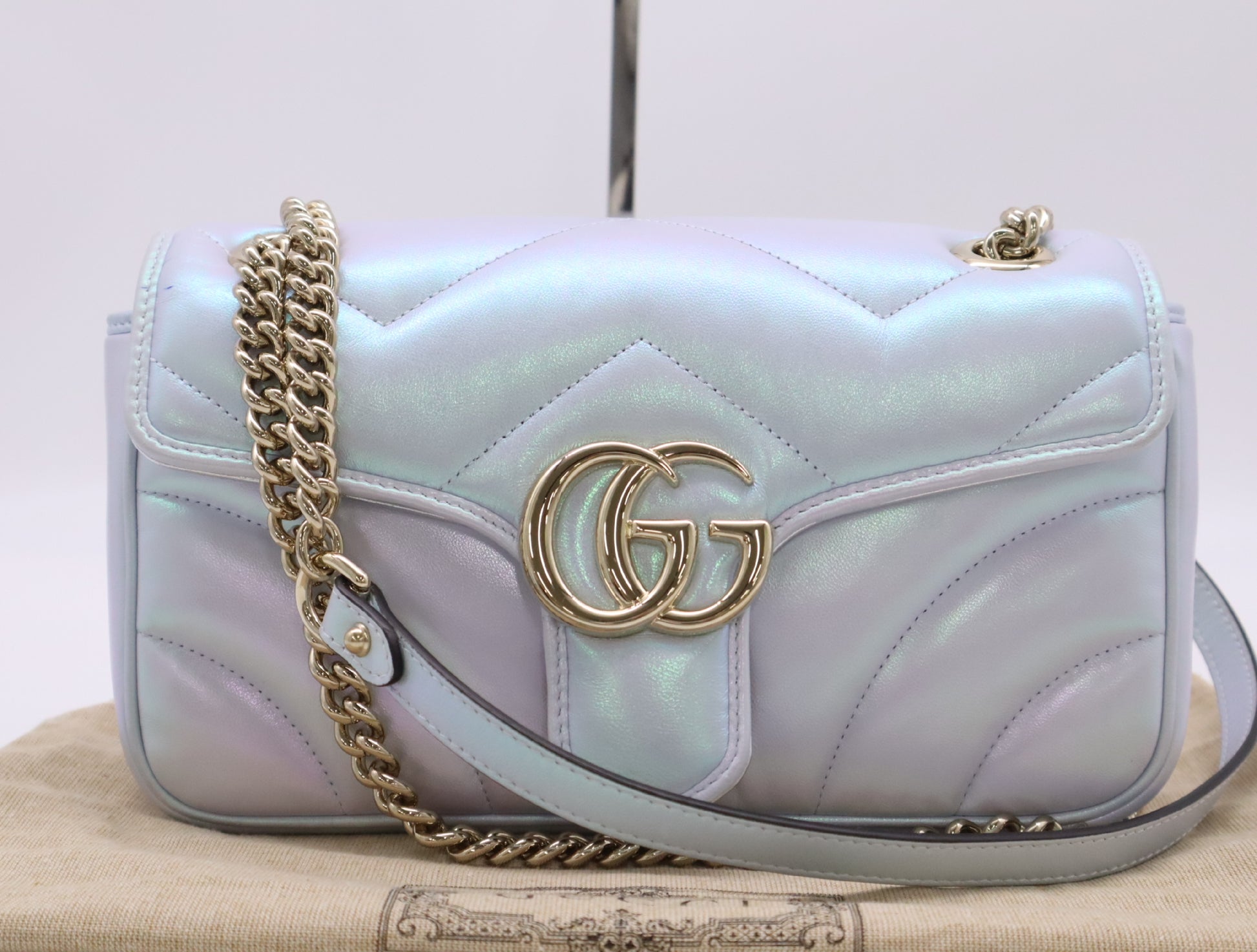 GUCCI 443497 GG Marmont Chain Shoulder Bag with Dust Bag, Blue Aurora
