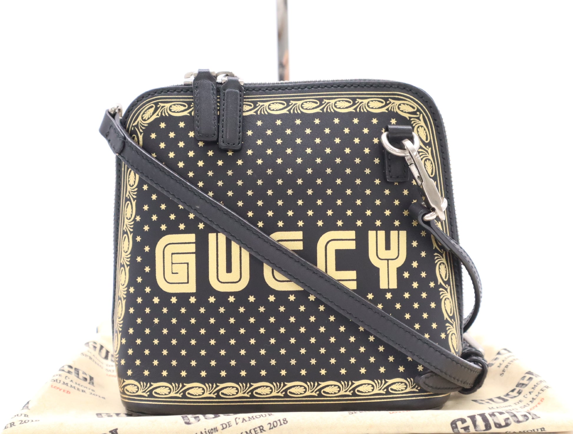 GUCCI 51189 Leather Shoulder Bag with GUCCY Logo, Black and Gold, Shoulder Strap and Dust Bag Included