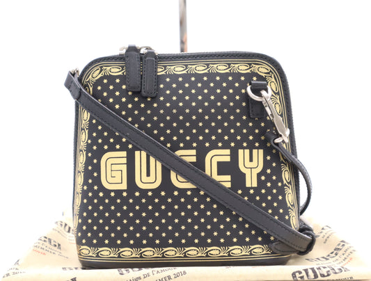 GUCCI 51189 Leather Shoulder Bag with GUCCY Logo, Black and Gold, Shoulder Strap and Dust Bag Included