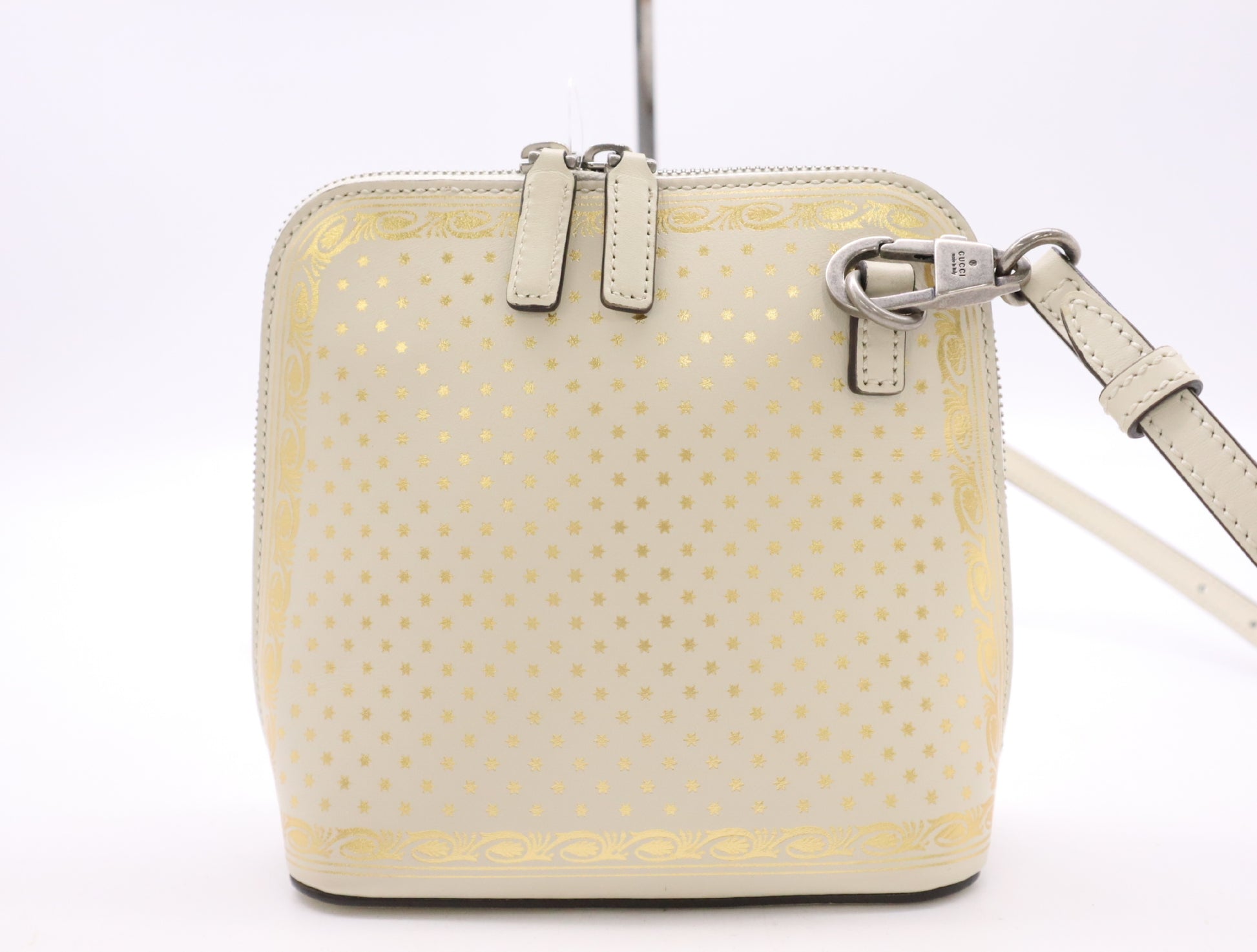 GUCCI 511189 Leather GUCCY SEGA Print Mini Shoulder Bag in White and Gold with Shoulder Strap