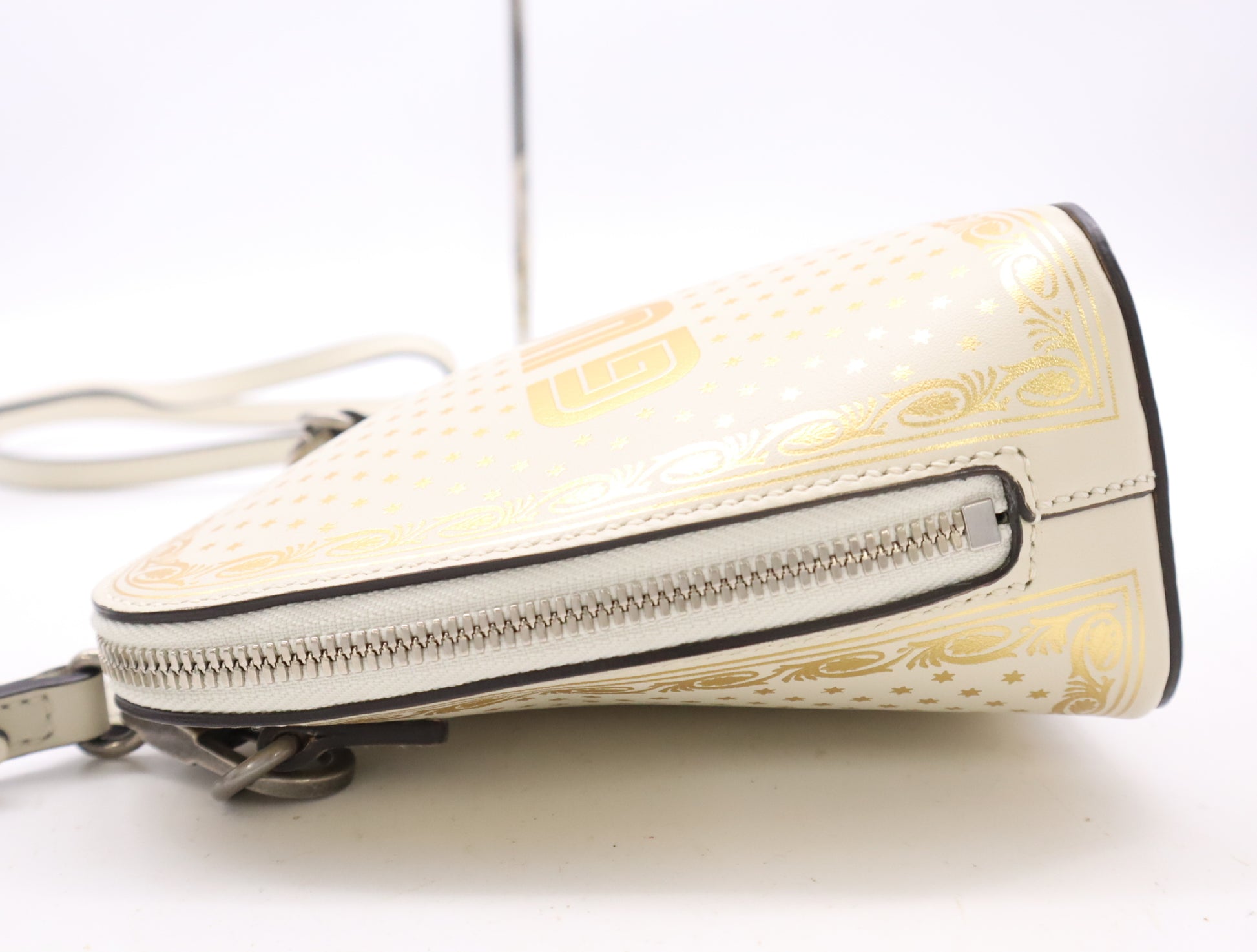 GUCCI 511189 Leather GUCCY SEGA Print Mini Shoulder Bag in White and Gold with Shoulder Strap