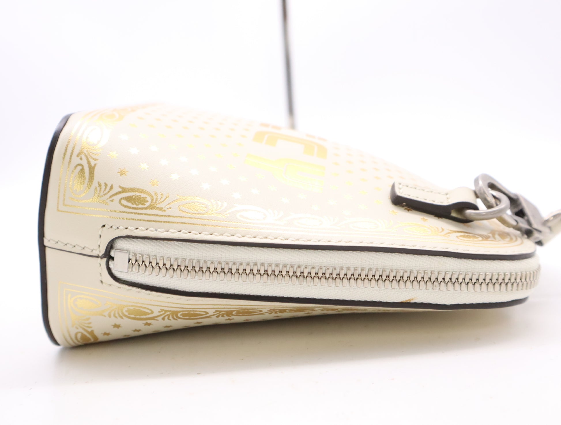 GUCCI 511189 Leather GUCCY SEGA Print Mini Shoulder Bag in White and Gold with Shoulder Strap