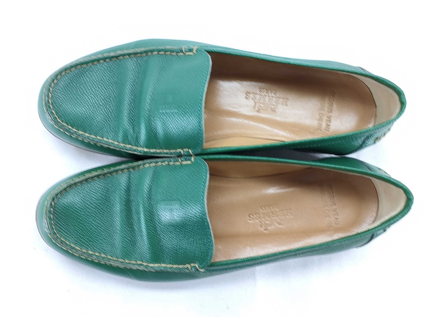 HERMES Paris Loafers, Moccasins, Flat Shoes, H Logo, Green, Size 36