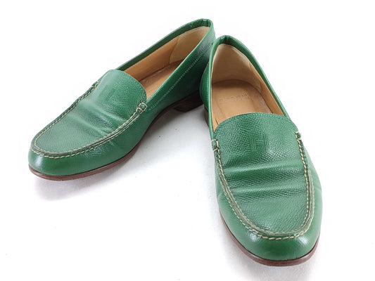 HERMES Paris Loafers, Moccasins, Flat Shoes, H Logo, Green, Size 36