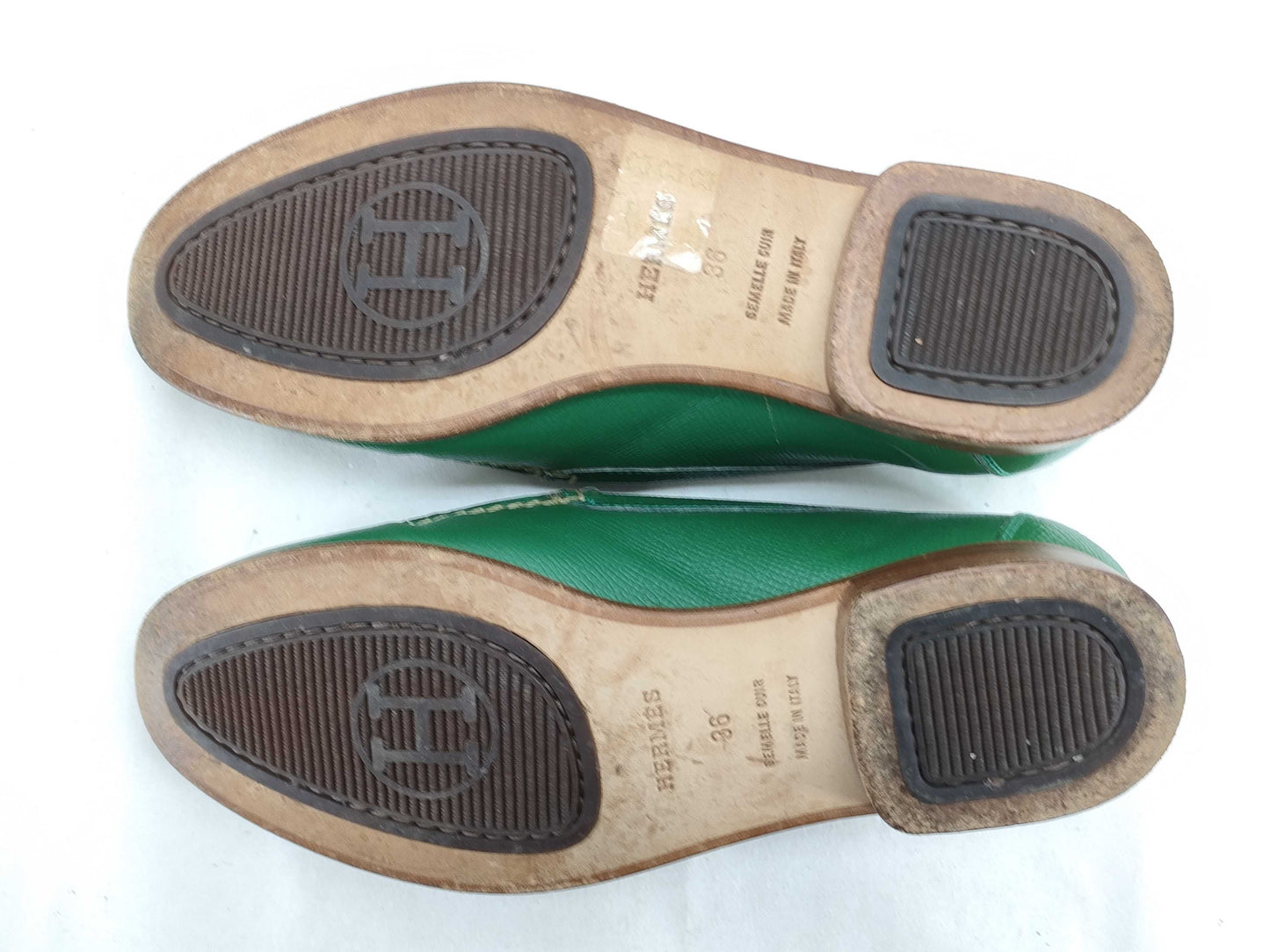 HERMES Paris Loafers, Moccasins, Flat Shoes, H Logo, Green, Size 36
