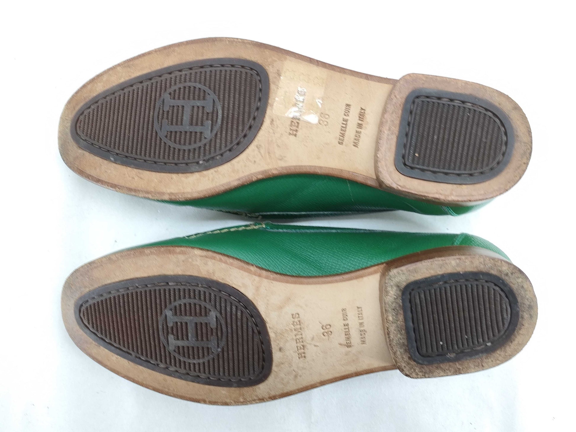 HERMES Paris Loafers, Moccasins, Flat Shoes, H Logo, Green, Size 36
