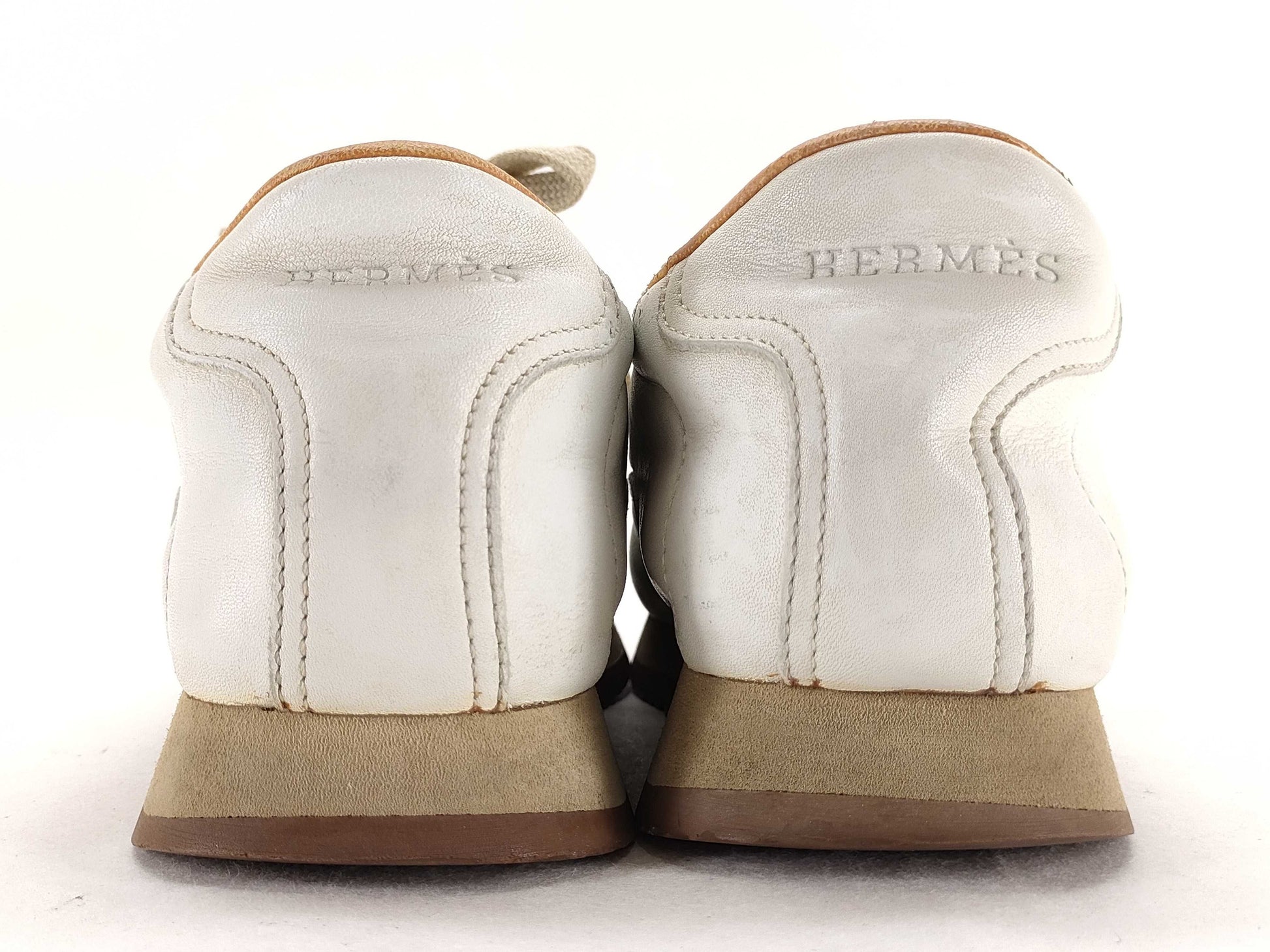 HERMES Size 37 Quick Leather Lace-Up Sneakers Women's White and Brown HERMES Sneakers