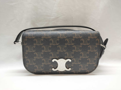 CELINE Triomphe Shoulder Bag in Black with Silver Hardware and PVC