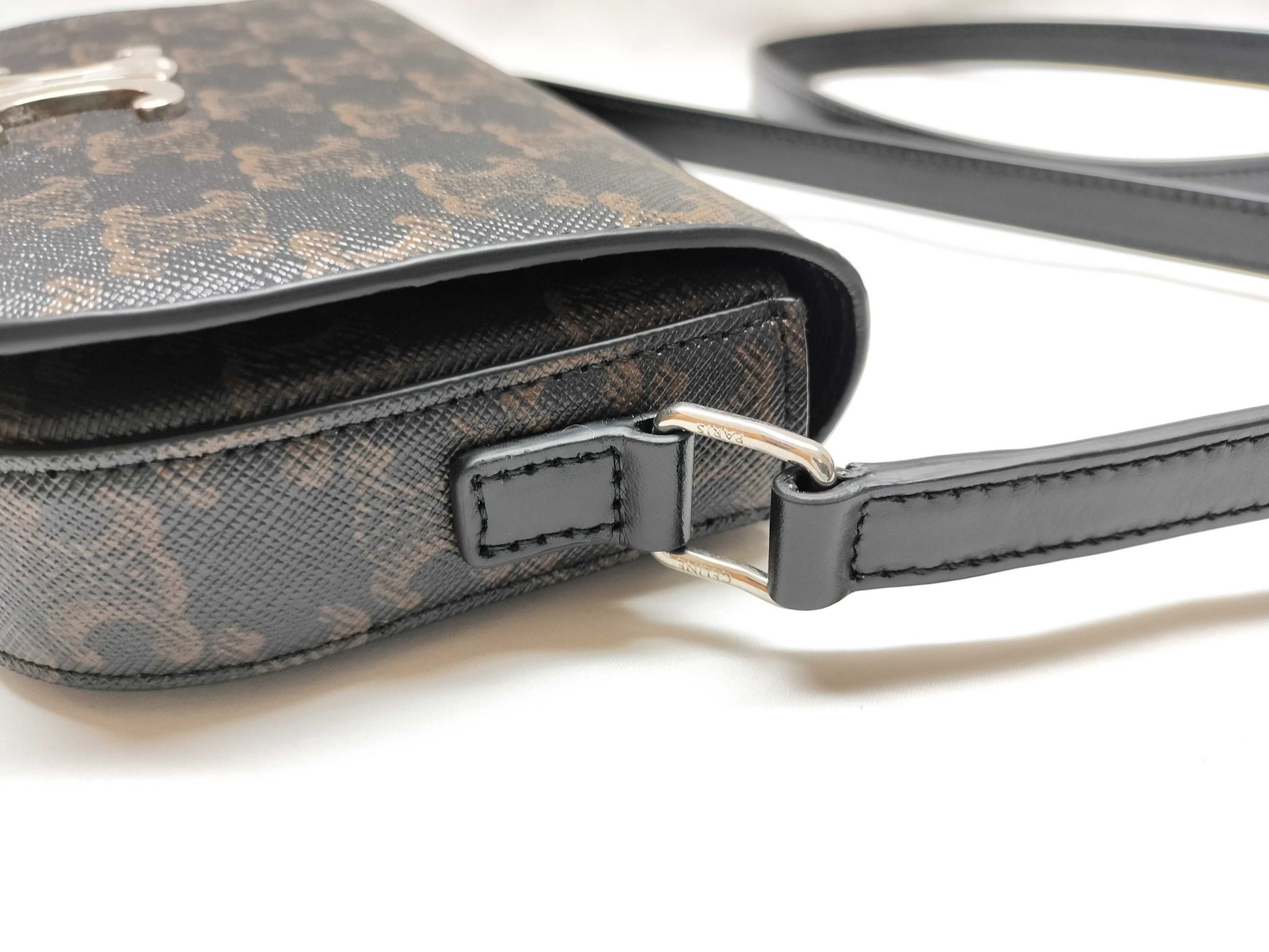 CELINE Triomphe Shoulder Bag in Black with Silver Hardware and PVC