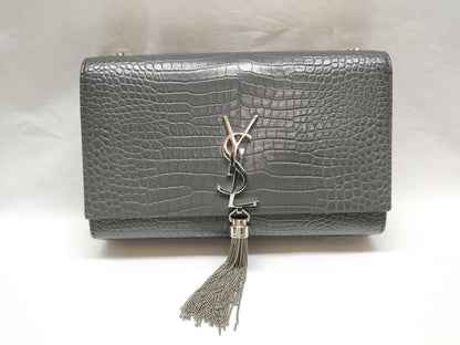 SAINT LAURENT SAINT LAURENT Kate Chain Shoulder Bag 354119 Gray Embossed Leather with Silver Hardware