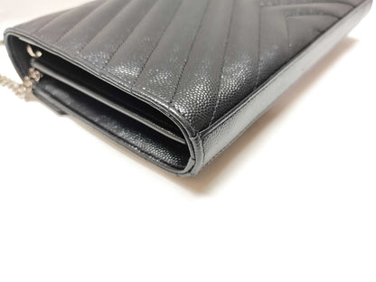 SAINT LAURENT Cassandra Chain Wallet 377828 Black with Silver Hardware Leather Shoulder Bag