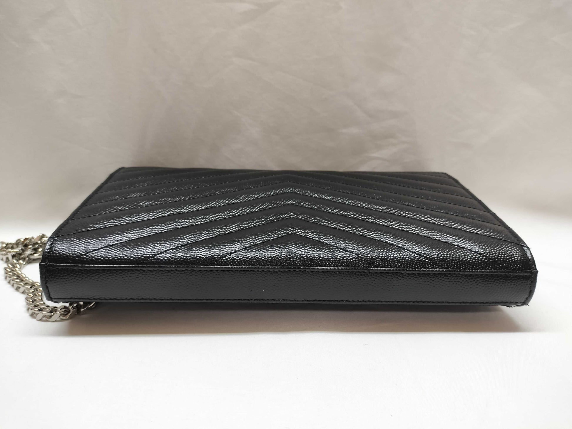 SAINT LAURENT Cassandra Chain Wallet 377828 Black with Silver Hardware Leather Shoulder Bag