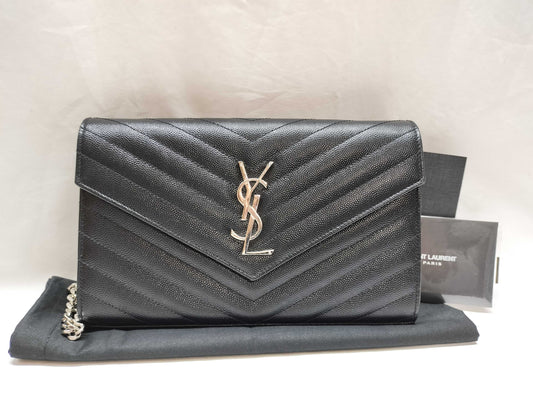 SAINT LAURENT Cassandra Chain Wallet 377828 Black with Silver Hardware Leather Shoulder Bag