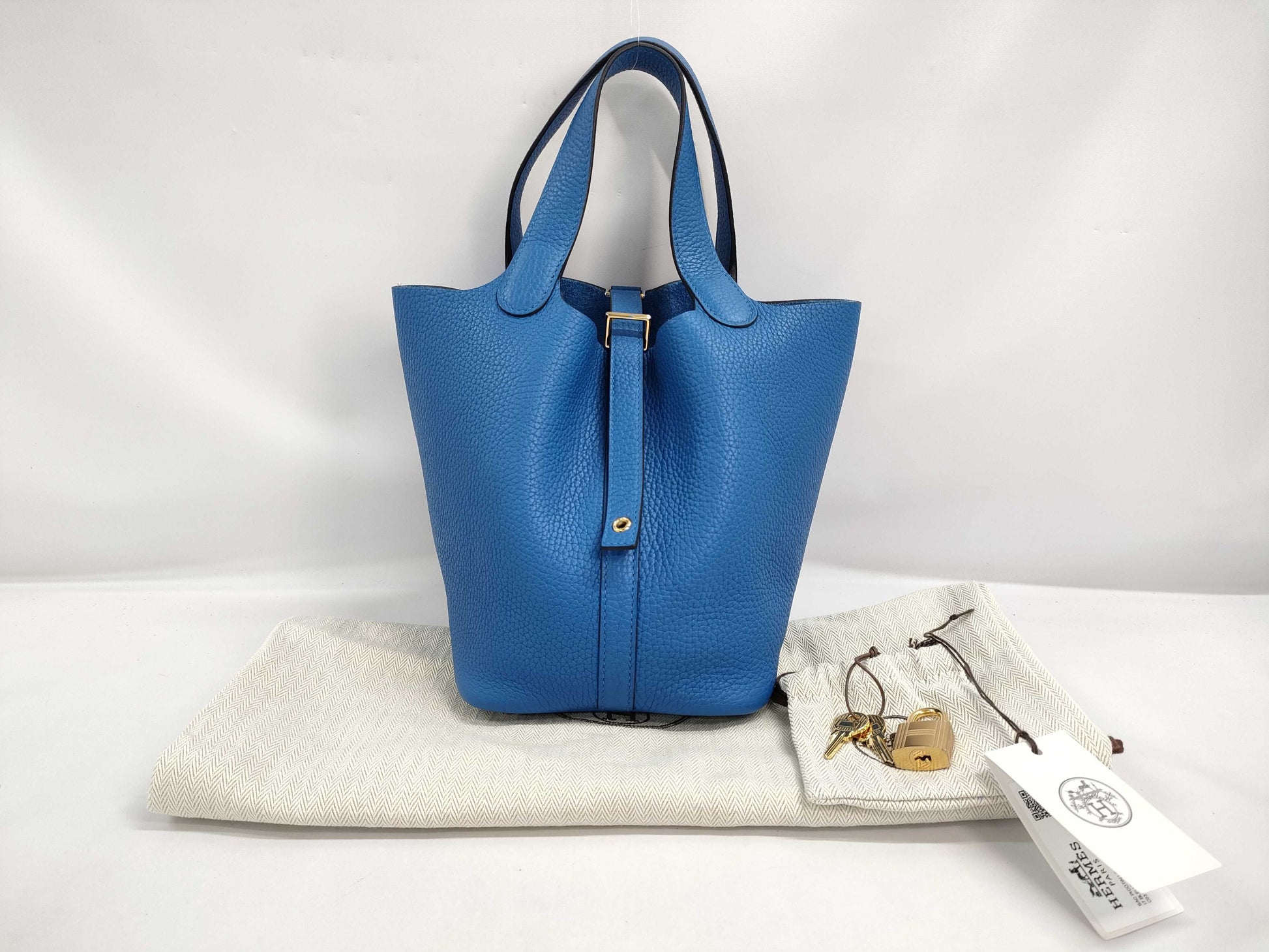 HERMES Picotin Lock PM Handbag, Blue Zélige, Gold Hardware, Taurillon Clemence Leather, W Stamp, Handbag