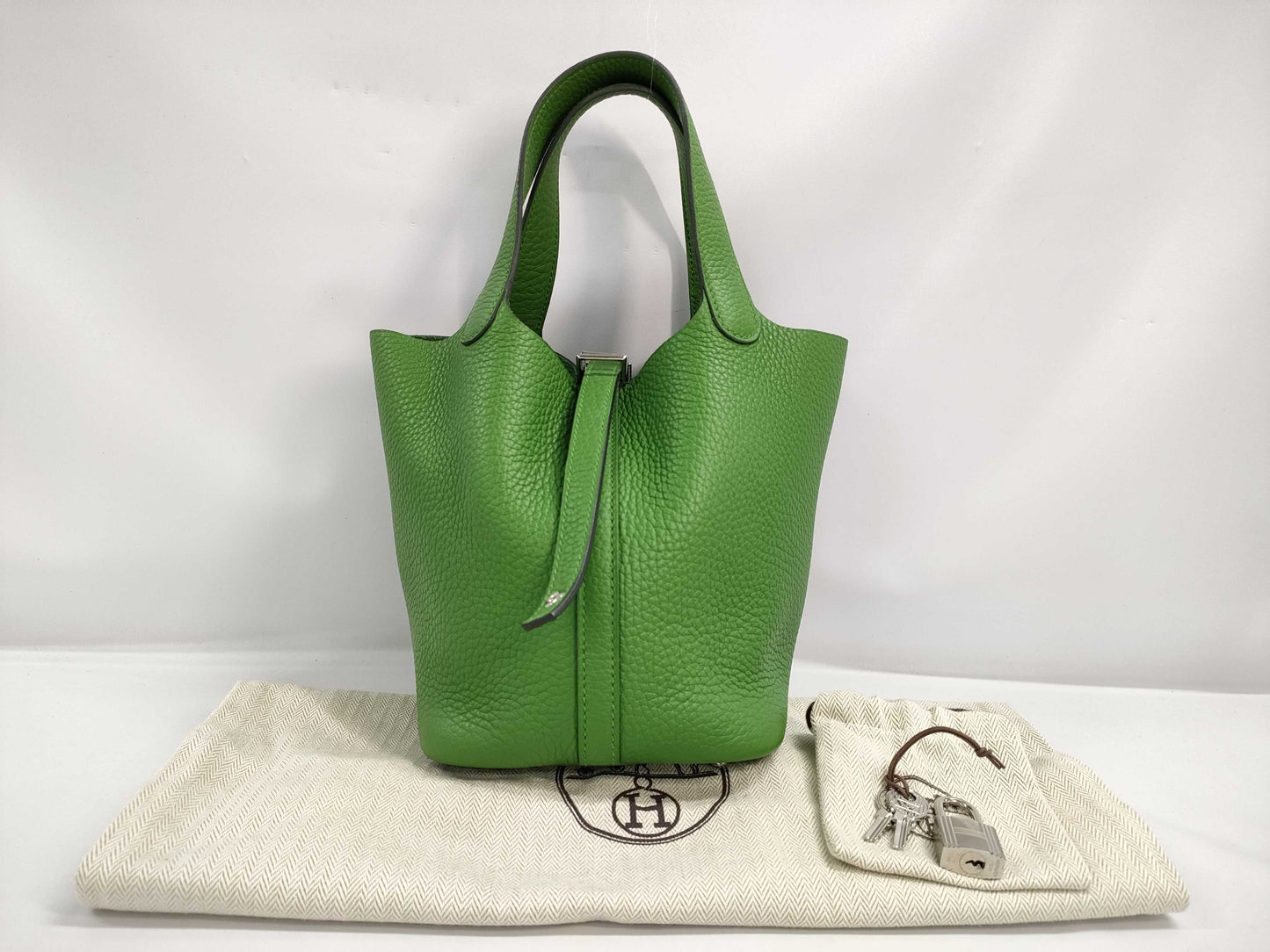 HERMES Picotin Lock PM Handbag in Vert Yucca with Silver Hardware and Clemence B Stamp