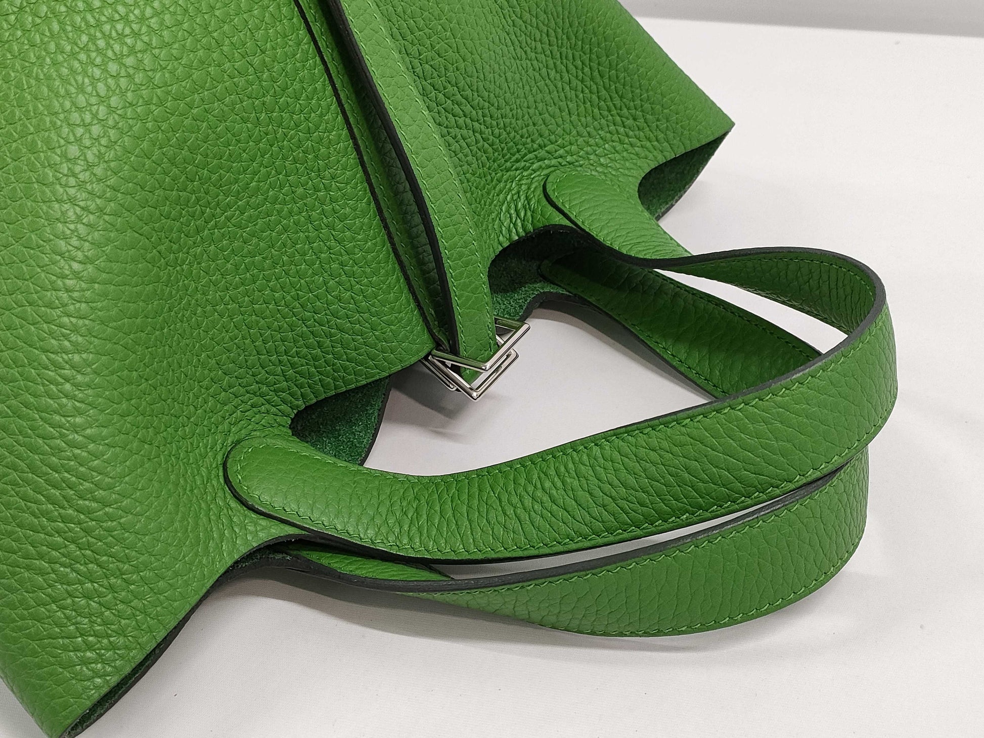 HERMES Picotin Lock PM Handbag in Vert Yucca with Silver Hardware and Clemence B Stamp