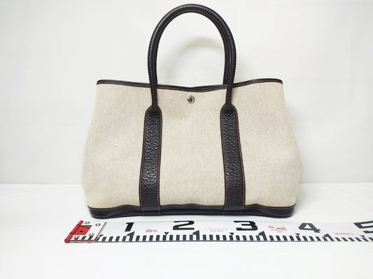 HERMES Garden Party PM Tote Bag with H Stamp, Beige and Brown