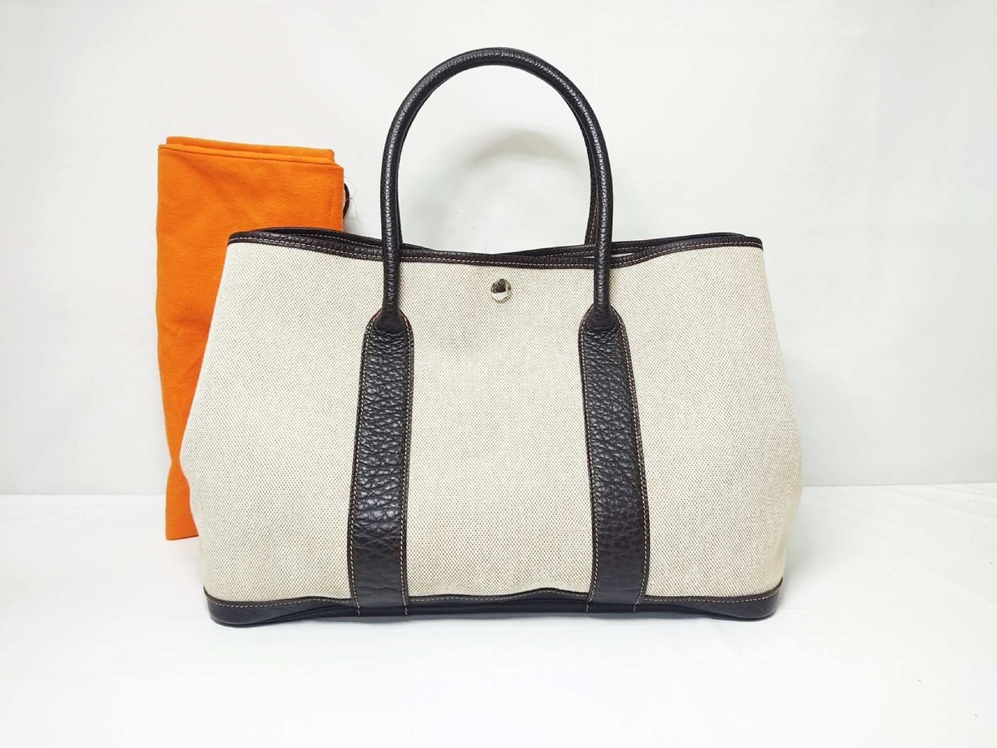 HERMES Garden Party PM Tote Bag with H Stamp, Beige and Brown
