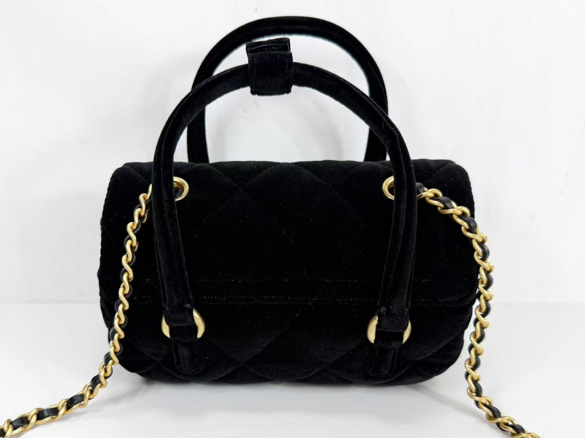 CHANEL Black Velvet Top Handle 2-Way Bag, Approx. W17 x H11 x D10cm Vintage G Hardware Mini Boston Shoulder Bag AHU05XC1 Excellent Condition S-A
