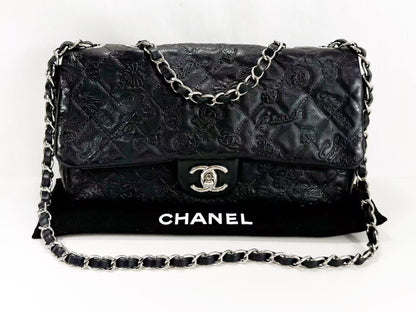 CHANEL Black Matelasse Icon Leather Embossed Double Chain W25cm x H15cm x D5cm [Dust bag and sticker included] Silver Hardware Shoulder Bag 14084973 Excellent Condition A-AB