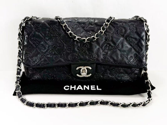 CHANEL Black Matelasse Icon Leather Embossed Double Chain W25cm x H15cm x D5cm [Dust bag and sticker included] Silver Hardware Shoulder Bag 14084973 Excellent Condition A-AB