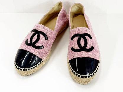CHANEL Espadrilles, Size 37, Tweed Patent Leather, Big Coco Two-Tone Coco Mark, Slip-On Shoes, Excellent Condition, A, Other Shoes