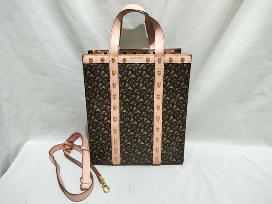 BURBERRY TB Monogram 2-way Shoulder Bag Tote Studs Brown Pink Shoulder Bag