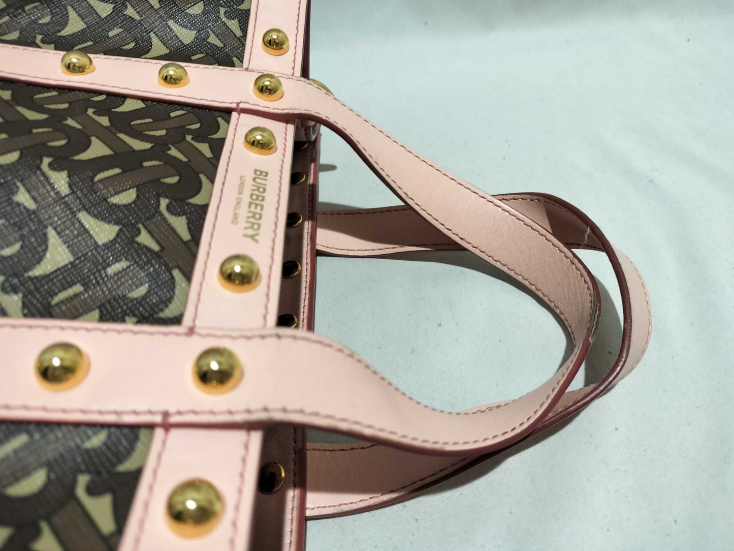 BURBERRY TB Monogram 2-way Shoulder Bag Tote Studs Brown Pink Shoulder Bag